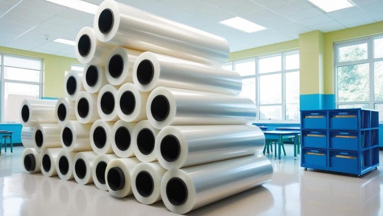 A cold lamination machine applying a protective film to printed materials, ensuring durability and a glossy finish.