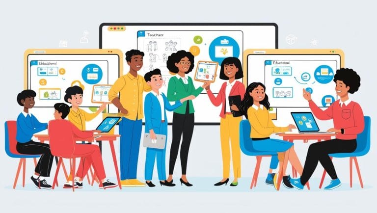eacher using educational technology tools like a virtual classroom, interactive whiteboard, and educational games to engage students