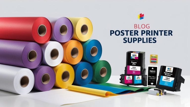 Poster printer supplies including premium ink, matte paper, and calibration tools for perfect color accuracy and sharp detail in poster printing.
