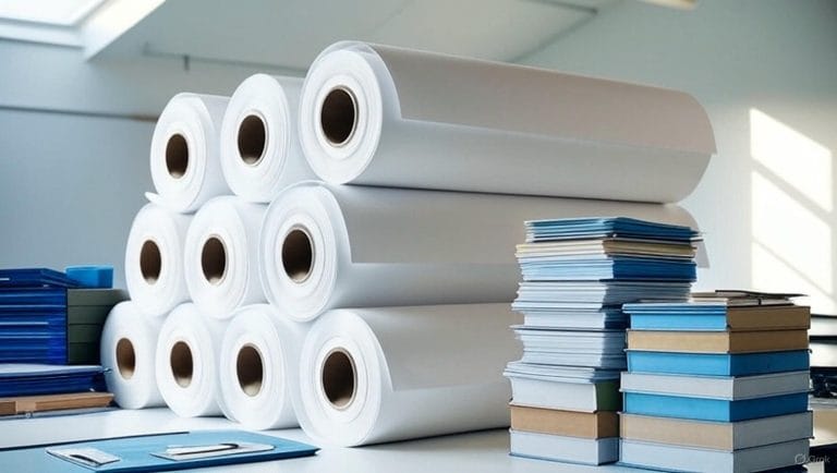 High-quality poster printer machine supplies including poster printer paper rolls, pigment ink cartridges, and maintenance kits on a print shop table.