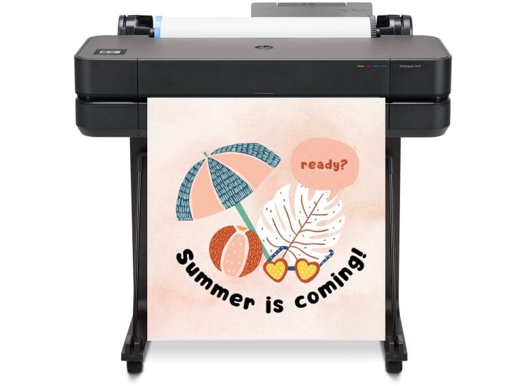 Large-format poster printer machine printing a full-color promotional poster