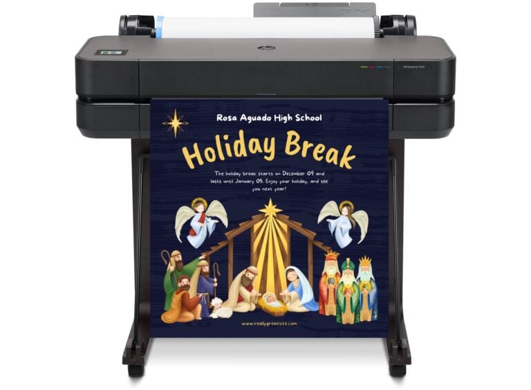 A person using a poster maker machine to print a large, colorful promotional poster in a modern office setting. The machine is actively printing a high-resolution graphic onto glossy paper."