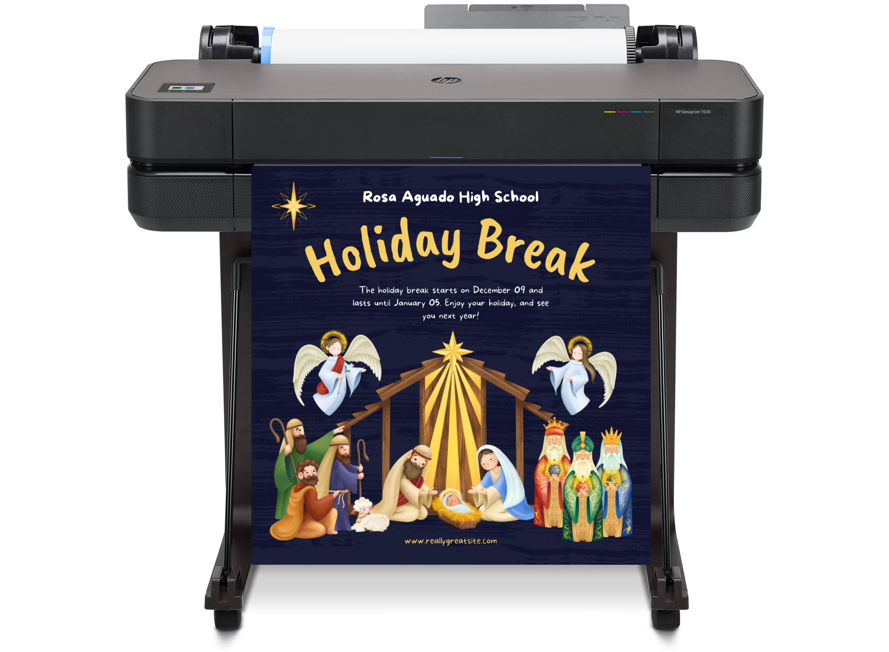 A person using a poster maker machine to print a large, colorful promotional poster in a modern office setting. The machine is actively printing a high-resolution graphic onto glossy paper."