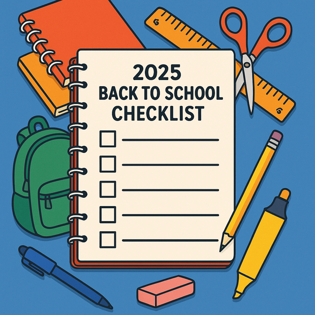 Back-to-school supplies including notebooks, pencils, a backpack, and colorful folders neatly arranged on a table, ready for the 2025 school year.
