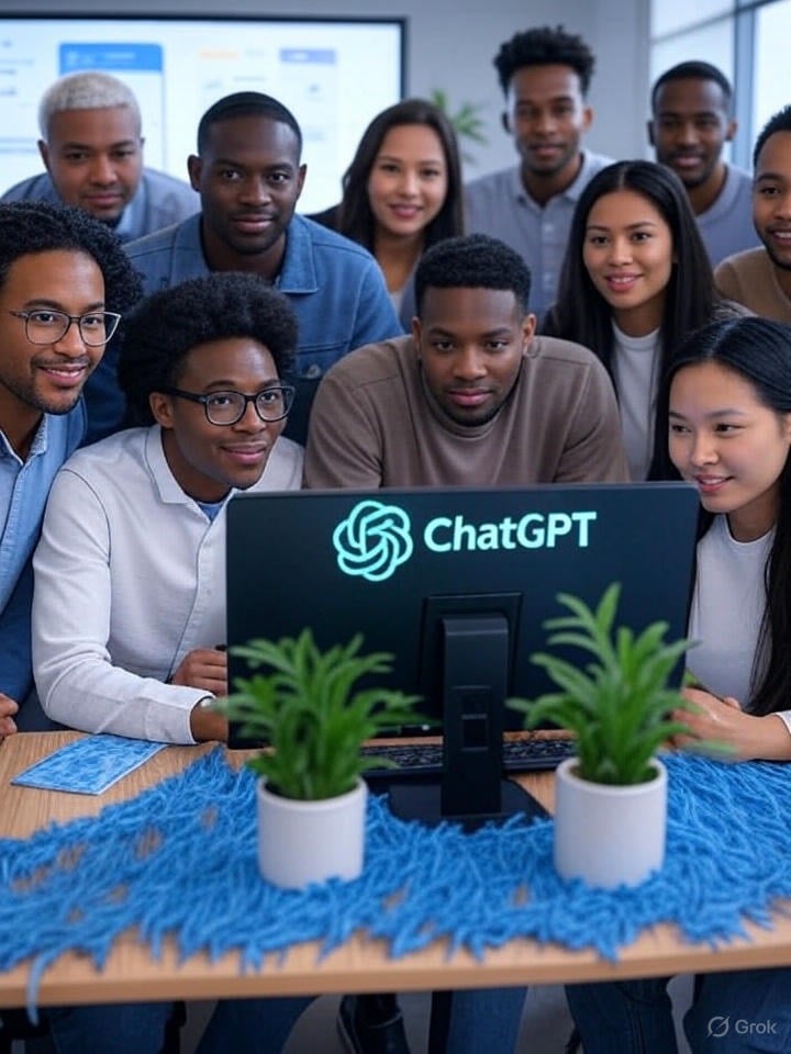 Illustration of a teacher using a laptop with AI chatbot icons and educational symbols, representing how ChatGPT assists teachers with lesson planning and creative ideas.