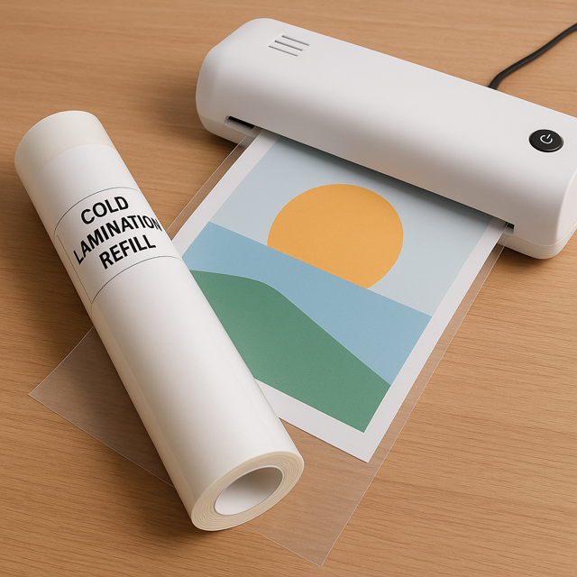 A person refilling a cold laminator with a new roll of clear laminate film, preparing to laminate documents in an office or classroom setting.