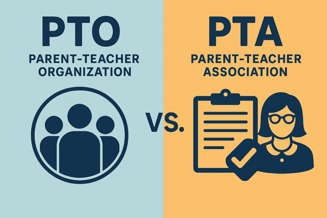 Illustration of parents and teachers collaborating in a school setting, with two signs labeled “PTO” and “PTA” to represent different types of parent organizations supporting education.
