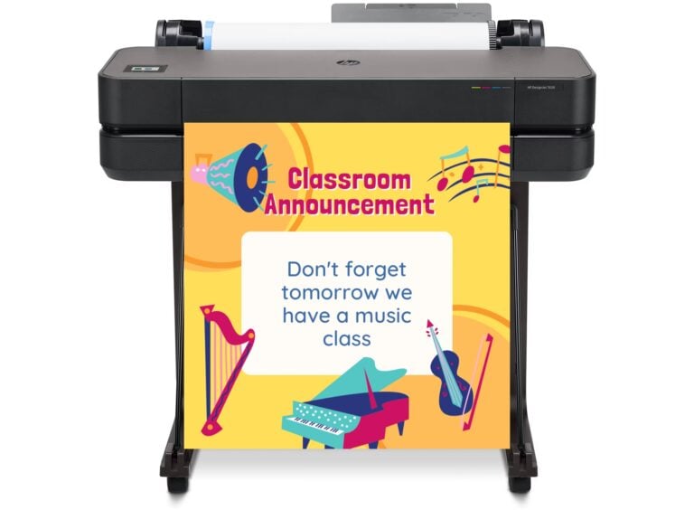 A modern school poster printer creating colorful educational posters in a classroom setting, surrounded by vibrant student-made displays.