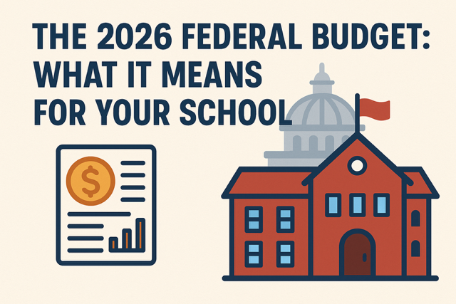 Infographic showing the 2026 federal education budget proposal with declines in Title I, IDEA, and EdTech funding, highlighting the impact on low-income and special education students.