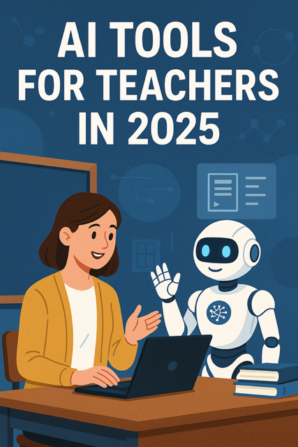 Illustration of a teacher surrounded by AI-powered educational tools, planning lessons and engaging students with smart tech in a modern classroom.