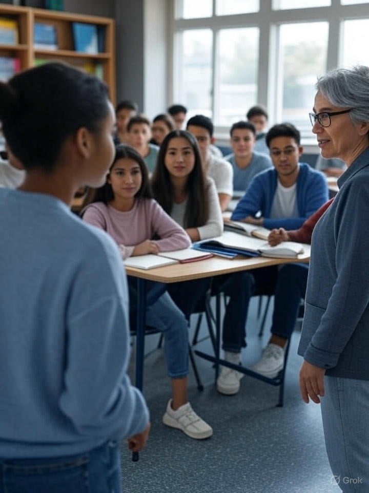 A classroom and teacher displaying TikTok and Instagram educational content, representing modern visual learning through short-form videos and microlearning trends.