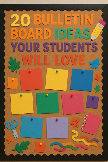 A vibrant classroom bulletin board featuring colorful self-portrait drawings by students, pinned under a "Meet Our Class Stars!" banner, with fun facts and goals written below each portrait to promote community and self-expression.