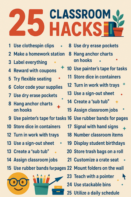A teacher using smart classroom hacks to organize their desk and classroom materials effectively, illustrating time-saving techniques in action for a more productive work environment.