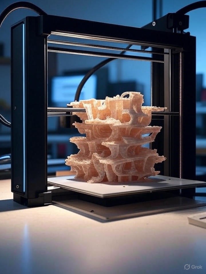A modern 3D printer creating a detailed object layer by layer, showcasing advanced additive manufacturing technology in a workshop setting.