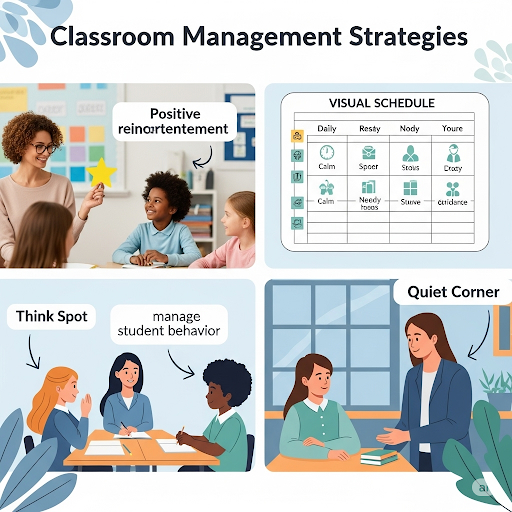 A diverse group of teachers and students in a vibrant classroom setting, implementing innovative management strategies like flexible seating and peer interventions, with engaged kids collaborating and smiling
