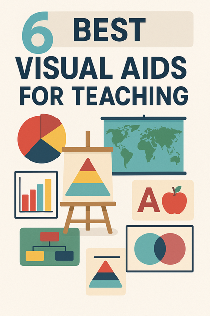 A vibrant classroom scene with diverse visual aids including posters, infographics, charts, videos on a screen, interactive slides, and physical models, illustrating effective teaching tools for enhanced student learning.