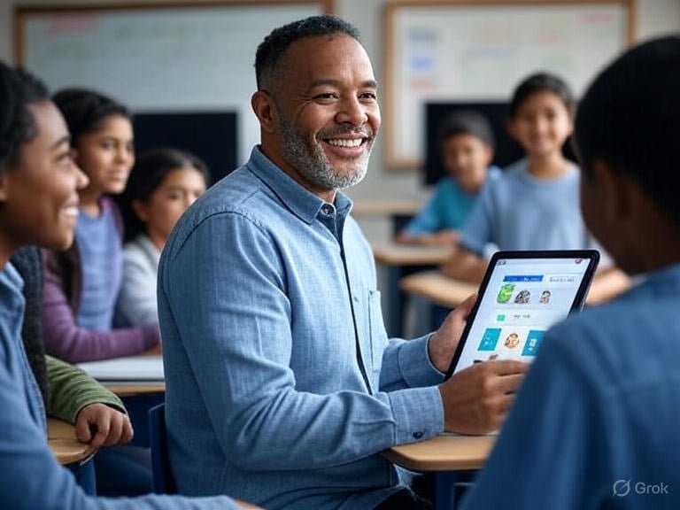 Infographic comparing five AI education tools (Grok 3, Duolingo Max, Socratic, Gradescope, Khanmigo) with icons showing features like cost, subjects, and platforms, set against a vibrant blue and white background.
