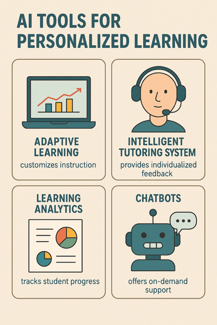Infographic showing key trends in AI for personalized education, including adaptive platforms and data insights