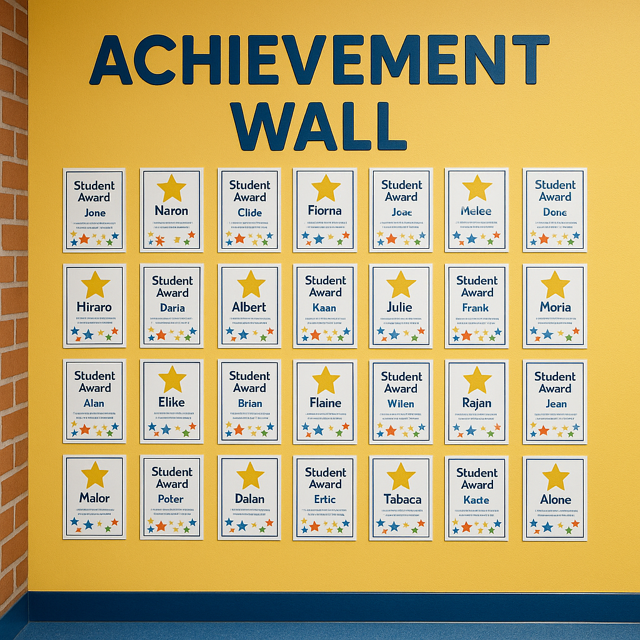 A vibrant school achievement wall displaying student awards, photos, and trophies, with colorful banners and digital screens in a well-lit hallway, celebrating academic, athletic, and artistic accomplishments.