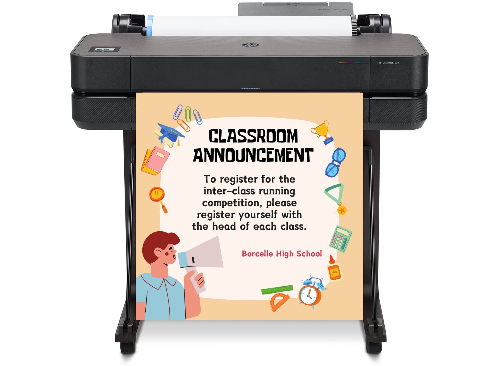 A vibrant large format poster printer in a classroom, printing a colorful STEM project poster, surrounded by engaged students and educational materials.