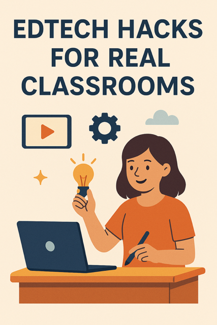 A teacher using a laptop in a classroom with students engaged in learning, surrounded by tech tools like Google Slides and digital whiteboards.