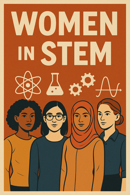 A vibrant collage illustration featuring diverse women in STEM, including Marie Curie in a lab coat holding a glowing vial, Ada Lovelace writing algorithms, and Mae Jemison in an astronaut suit against a starry background, surrounded by motivational quotes and scientific icons like DNA helices and circuit boards.