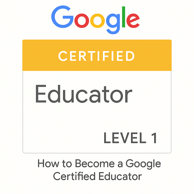 A laptop screen displays the Google for Education Teacher Center website, showcasing a Google Certified Educator badge with a colorful interface, open on a wooden desk with a notebook and pen nearby.