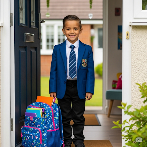 A smiling child with a backpack walking into school, surrounded by colorful autumn leaves, symbolizing excitement for the new school year.