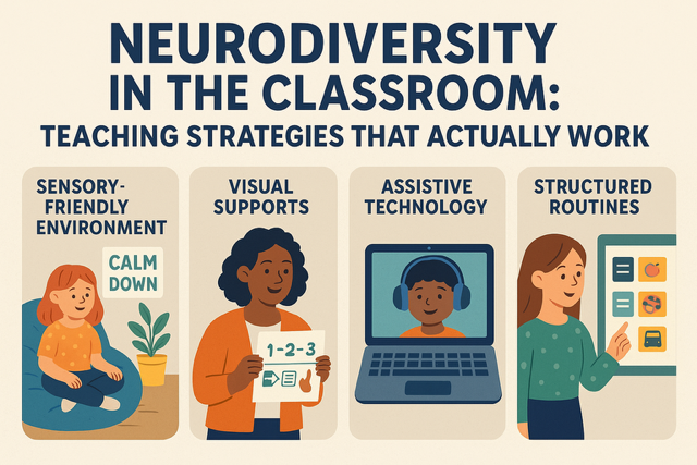 A welcoming classroom designed for neurodiversity in the 2025-2026 school year, featuring a calm-down corner with soft cushions, a visual schedule on a sage green bulletin board, and flexible seating with wobble stools, promoting an inclusive and supportive learning environment.