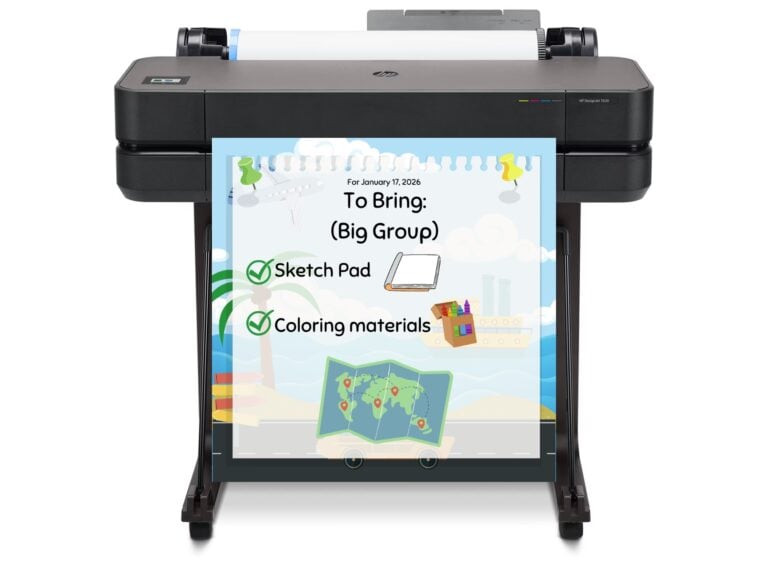 A colorful poster maker machine printing vibrant classroom posters and banners for K-12 education, showcasing engaging visuals for STEM, ESL, and anchor charts.