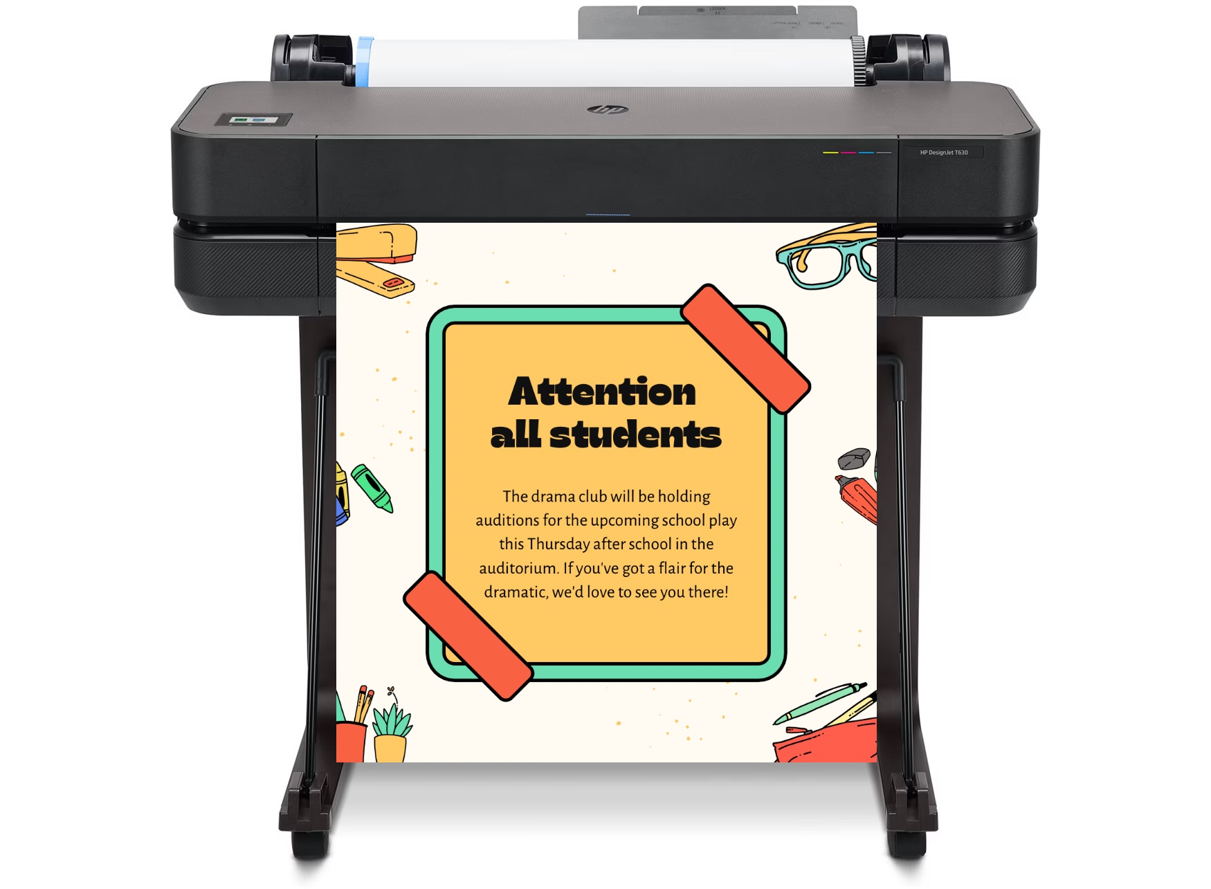 School staff using a 36-inch poster making machine to print a colorful educational poster in a classroom setting