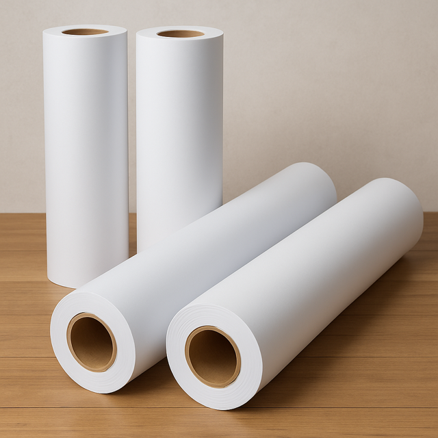 Assortment of poster paper types including matte, glossy, satin, and recycled options displayed on a flat surface with printed samples showing vibrant colors and textures.