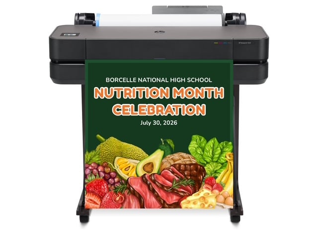 A vibrant K-12 classroom poster printer machine producing colorful STEM diagrams and ESL vocabulary posters, empowering teachers and aligning with educational standards in a hybrid learning setting.