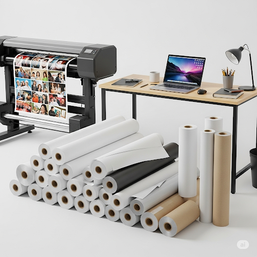 A high-quality wide-format poster printer producing a colorful promotional poster on glossy paper, surrounded by ink cartridges and rolls of poster paper.