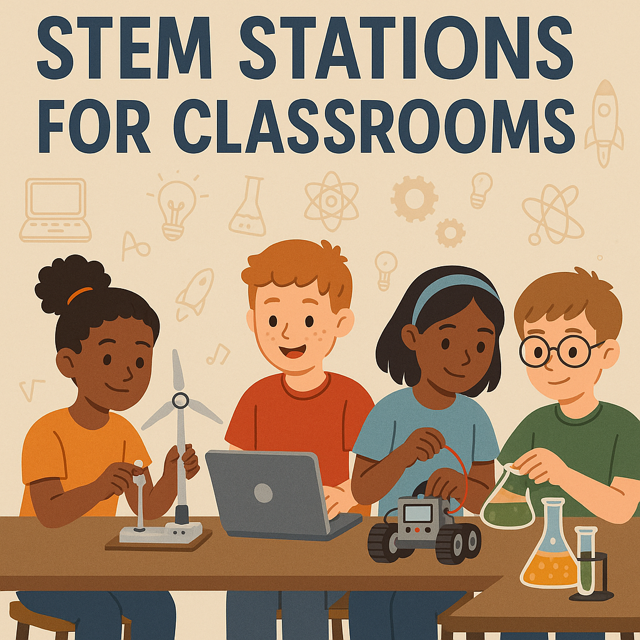 A vibrant classroom scene featuring a STEM station with students building a bridge using popsicle sticks and string, surrounded by colorful posters and materials that encourage hands-on exploration of engineering concepts.