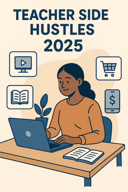 An inviting home workspace showing a laptop with a Teachers Pay Teachers dashboard, a whiteboard with income goals, a mug that reads “Hustle & Inspire,” and stacks of colorful printed classroom materials.