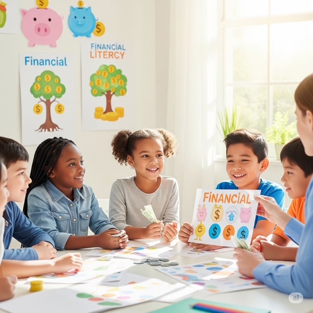 Illustration of a diverse group of kids learning about money, with coins, dollar bills, piggy banks, and charts representing savings, budgeting, and financial literacy concepts.