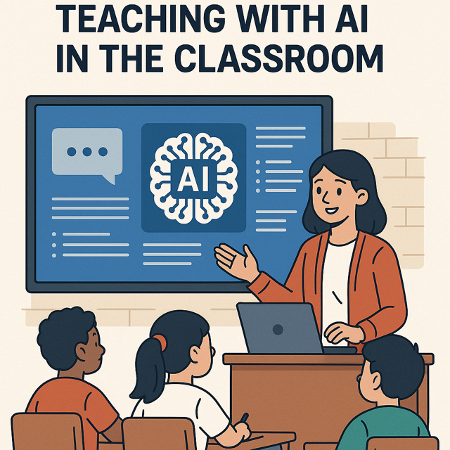 A middle school teacher using an AI-powered app on a laptop to assist students with personalized learning activities in a modern classroom.