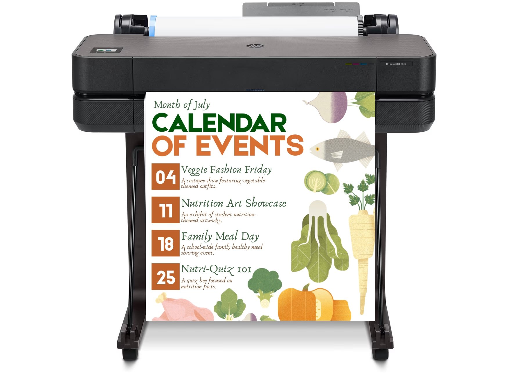 Close-up of a Poster Printer Machine printing a vibrant educational poster for a classroom, showcasing high-resolution color output on glossy paper.