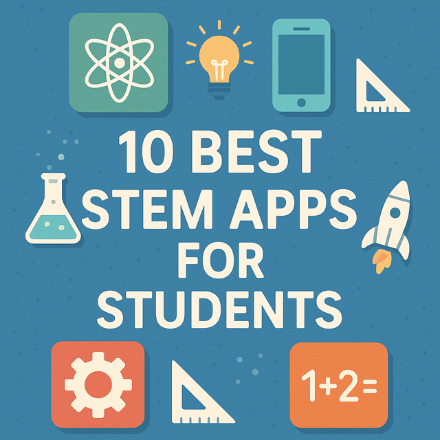Illustration of diverse students using tablets and laptops in a modern classroom, exploring STEM learning apps for coding, math, science, and engineering.