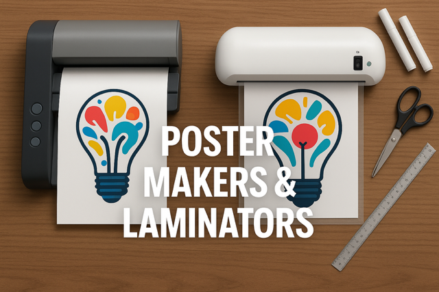 Teacher using a 36" poster maker in a classroom to create colorful educational visuals, surrounded by printed anchor charts and ESL posters.