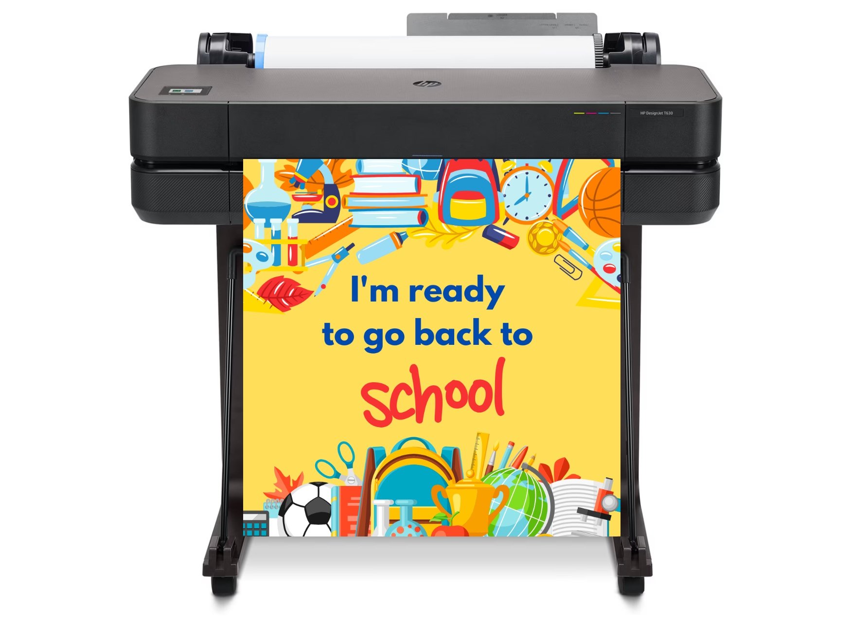 High-resolution image of a modern poster maker machine printing a colorful educational poster on glossy paper in a bright classroom setting, highlighting vibrant inkjet technology and user-friendly interface for school and business use.