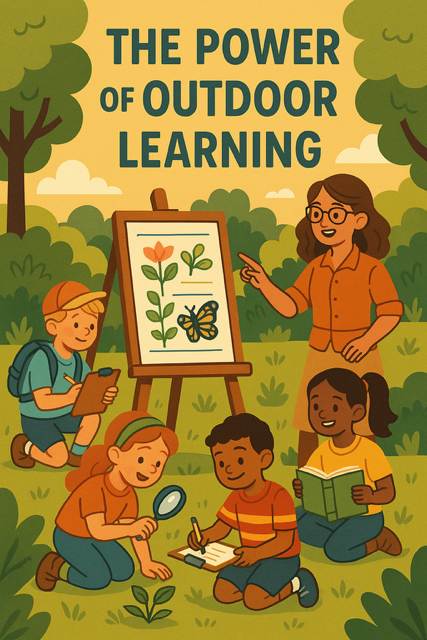 A group of children in a forest school explore a woodland area, holding magnifying glasses and notebooks, surrounded by trees and natural elements, engaging in hands-on outdoor learning activities.
