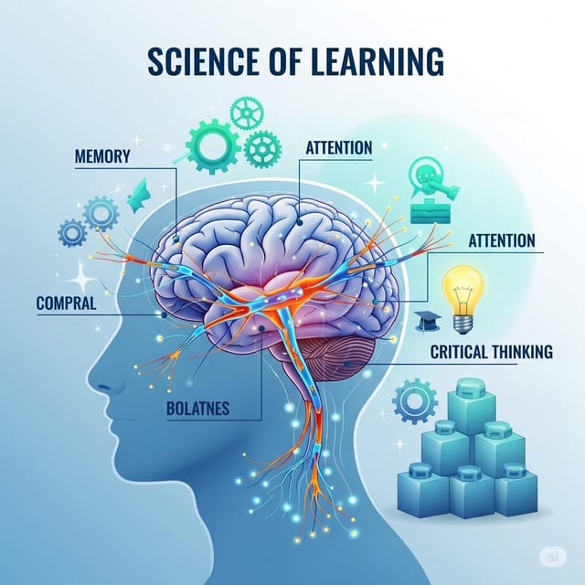 A colorful classroom poster displaying key science of learning principles like retrieval practice and spaced repetition, prominently hung on a school classroom wall to engage students.