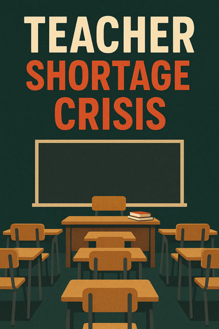 A stressed teacher in an overcrowded classroom with diverse students, some looking frustrated, symbolizing the 2025 U.S. teacher shortage crisis in math and special education, highlighting urgent impacts on education and calls for parental solutions.