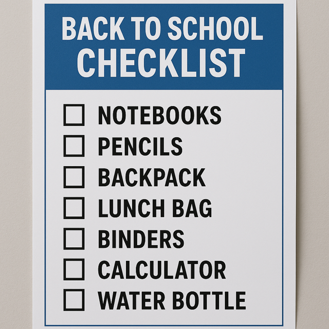 A colorful array of school supplies including backpacks, notebooks, pencils, and lunch boxes arranged on a desk, ready for the 2025 back to school season.
