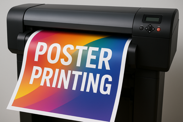 High-quality custom poster printing example: vibrant 24x36 inch glossy poster with bold design on premium paper, perfect for marketing, events, or home decor in 2025.