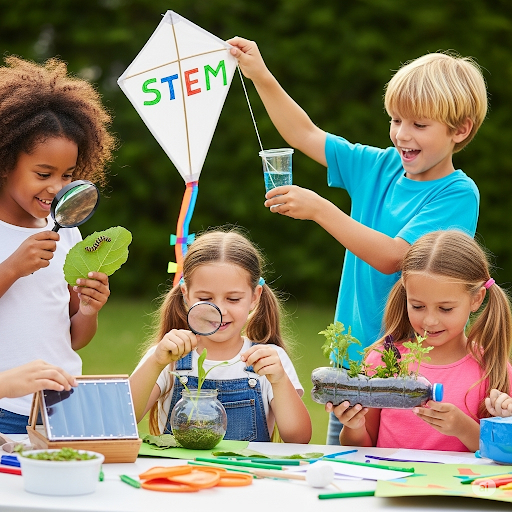 A group of children outdoors building a water rocket from a soda bottle, surrounded by materials like a bike pump and PVC pipe, with a sunny backyard setting in the background, illustrating a fun Summer STEM activity.