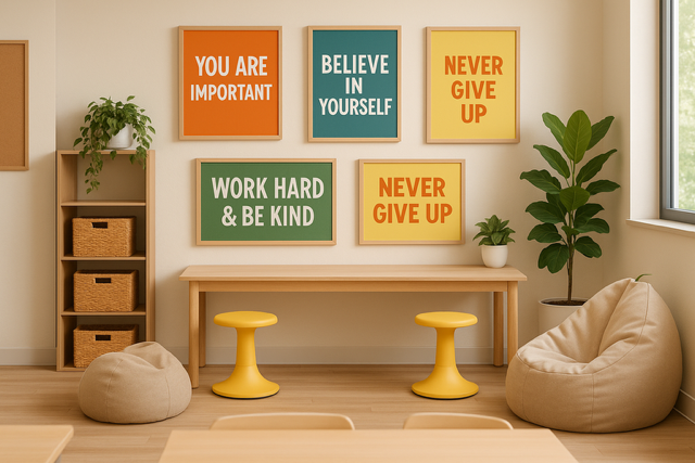 A vibrant classroom decorated for the 2025-2026 school year, featuring a sage green bulletin board with botanical accents, flexible seating with colorful cushions, and a cozy reading nook with a faux eucalyptus garland, showcasing modern, nature-inspired decor trends.