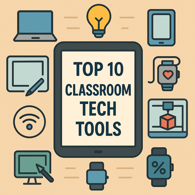 A vibrant classroom scene with diverse students using laptops and tablets, surrounded by icons of top tech tools like Kahoot!, Canva, and AI interfaces, illustrating innovative education in 2025.